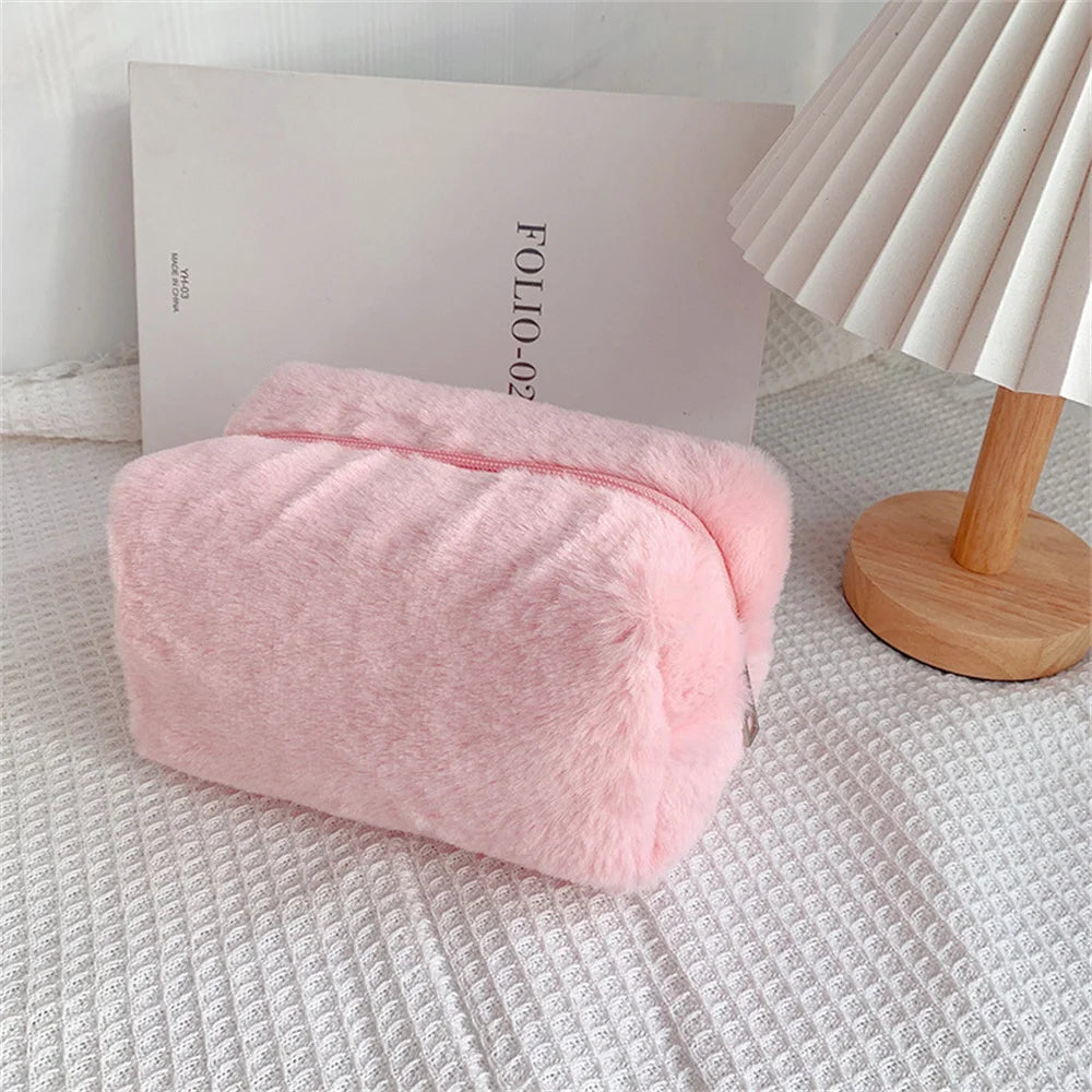 Fur Makeup Bags for Women Soft Travel Cosmetic Bag Organizer Case Young Lady Girls Make up Case Necessaries 1 Pc Solid Handbags