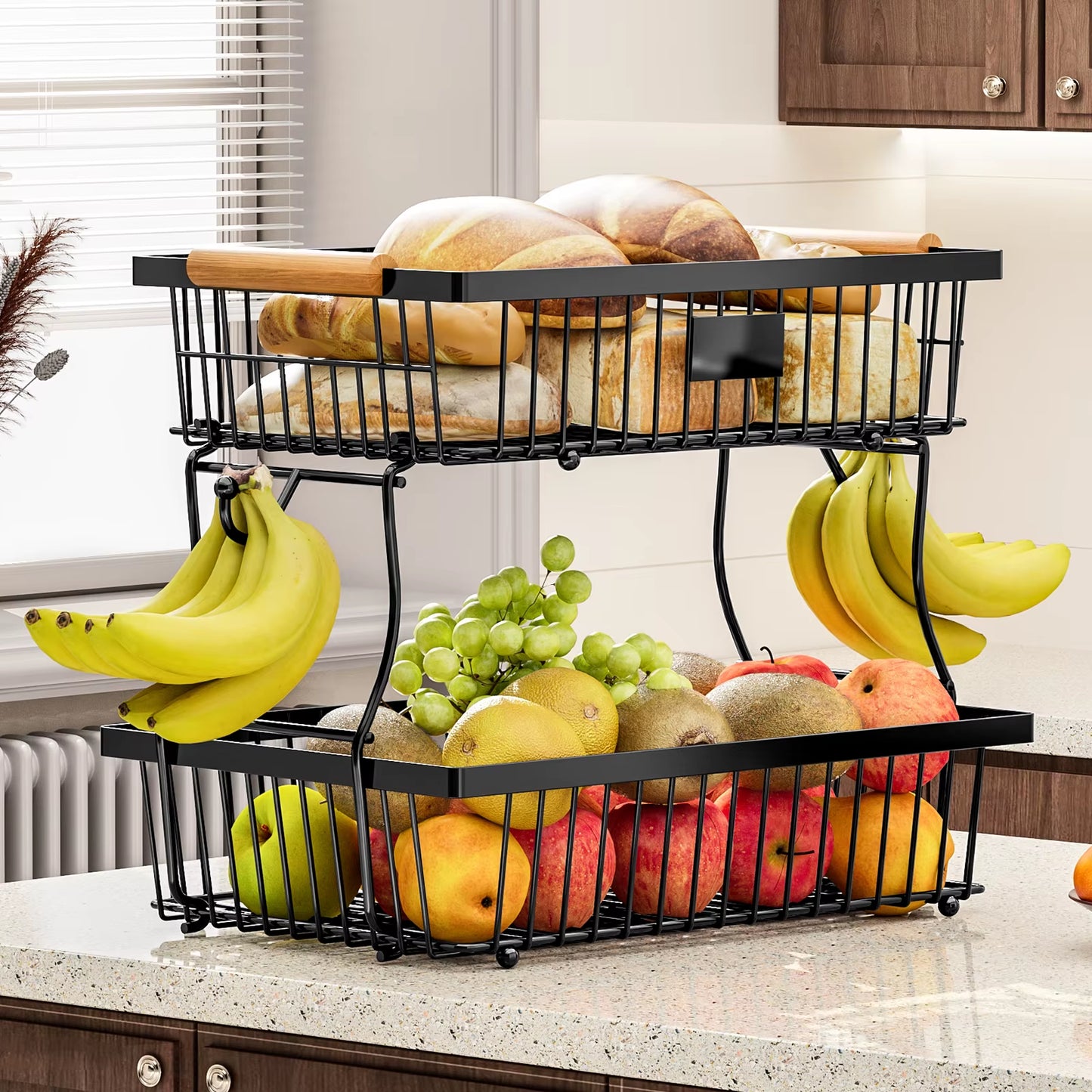 Fruit Basket Vegetable Basket,Metal Storage Basket with Hook and Wooden Handle,Stackable and Removable Kitchen Storage Rack