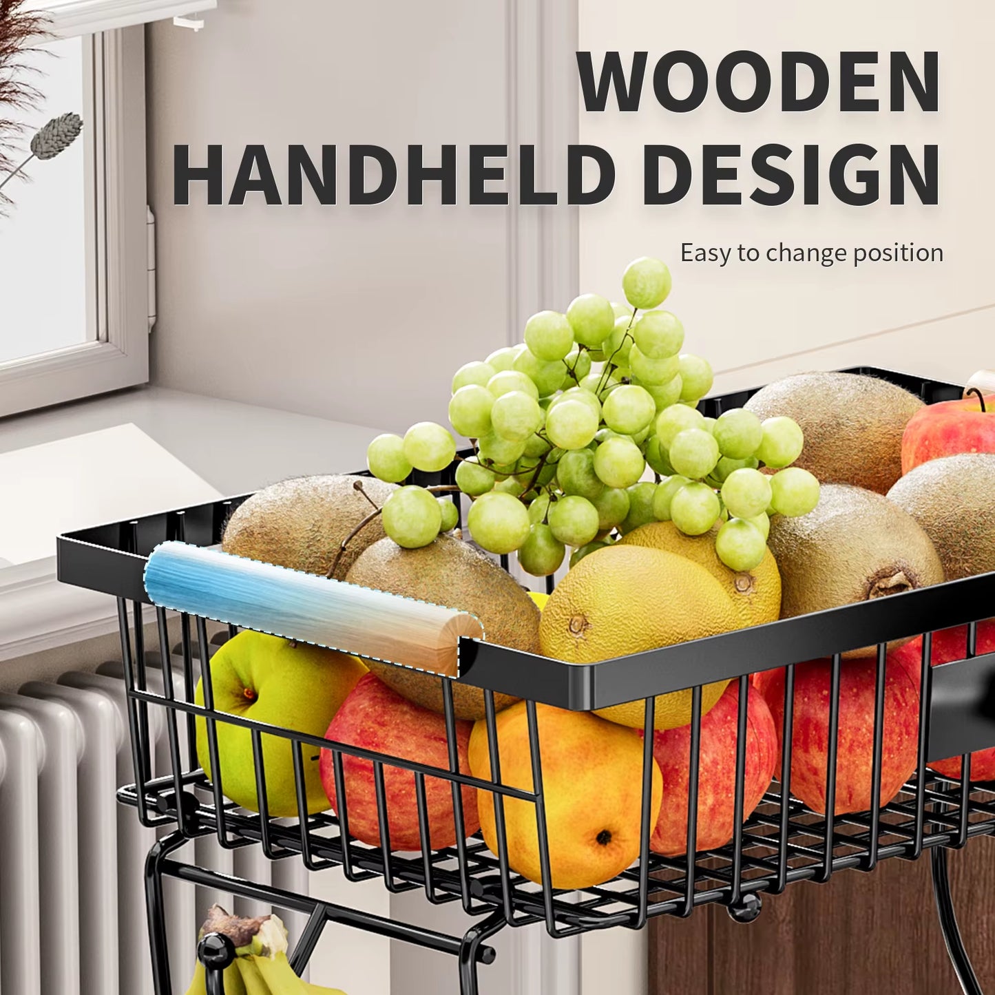 Fruit Basket Vegetable Basket,Metal Storage Basket with Hook and Wooden Handle,Stackable and Removable Kitchen Storage Rack