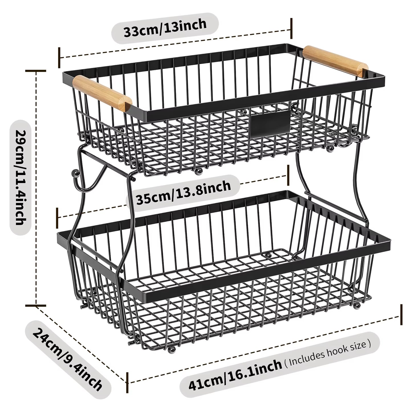 Fruit Basket Vegetable Basket,Metal Storage Basket with Hook and Wooden Handle,Stackable and Removable Kitchen Storage Rack