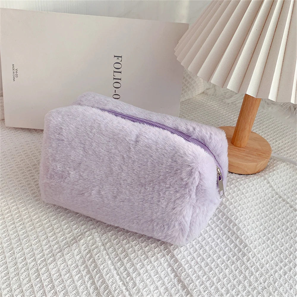Fur Makeup Bags for Women Soft Travel Cosmetic Bag Organizer Case Young Lady Girls Make up Case Necessaries 1 Pc Solid Handbags