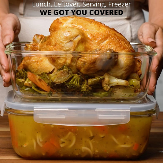 8 Cups/ 63 Oz 4 Piece (2 Containers + 2 Lids) Large Glass Food Storage/Baking Containers with Locking Lids Ideal for Storing Food, Vegetables or Fruits. BPA Free & Leak Proof - Microwave, Oven Safe