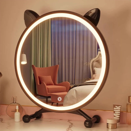 Desktop Makeup Mirror LED Home Bedroom Dressing Table round Mirror Beauty Mirror Fill Light Mirror with Cat Ears
