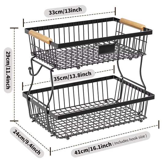 Fruit Basket Vegetable Basket,Metal Storage Basket with Hook and Wooden Handle,Stackable and Removable Kitchen Storage Rack
